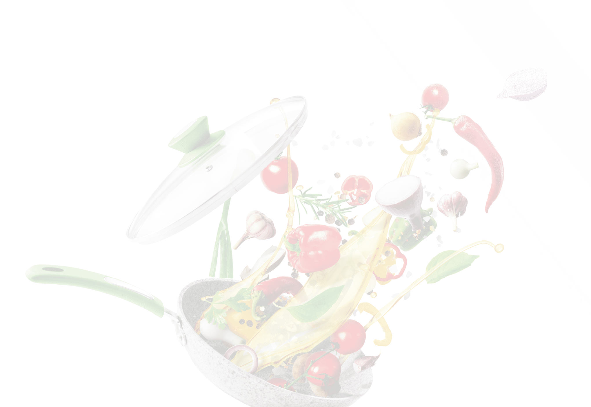 Cooking concept. Vegetables are flying out of the pan isolated on white background. Healthy food.